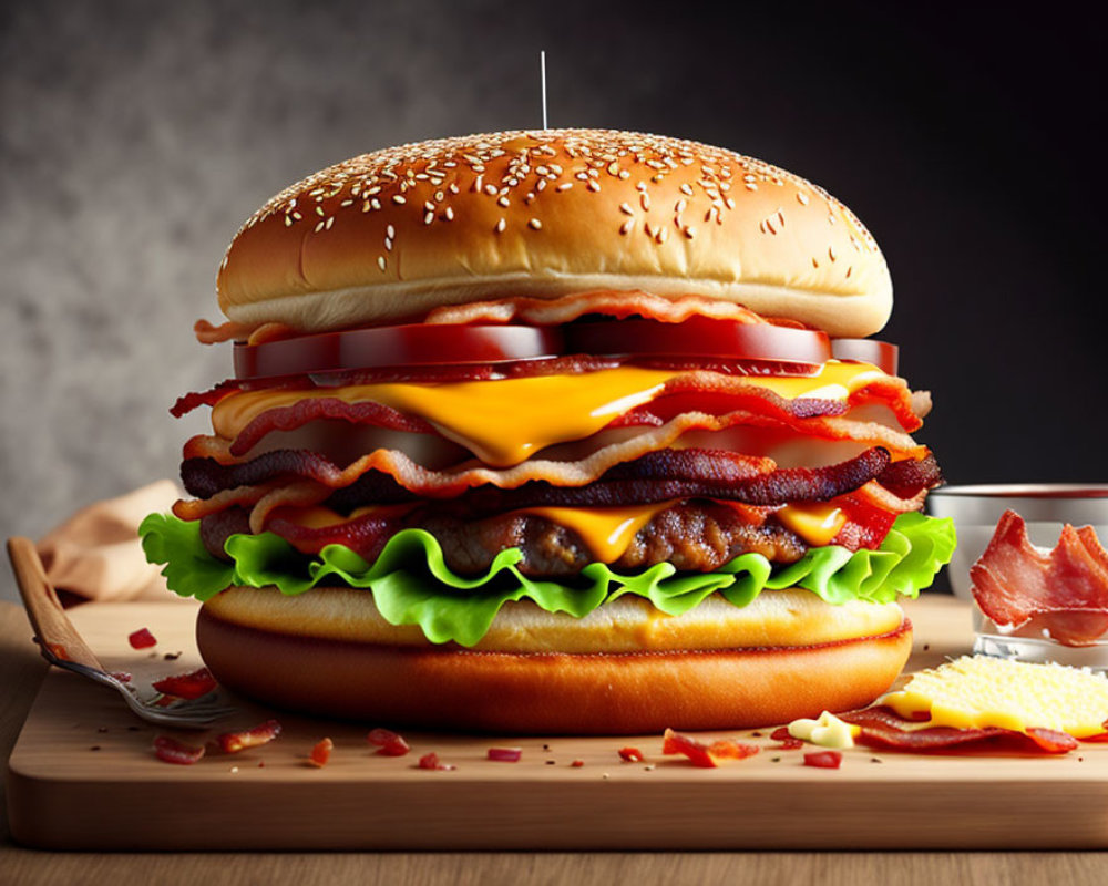 Delicious double cheeseburger with bacon, lettuce, tomato, and condiments on a wooden board