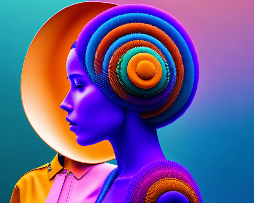 Colorful digital artwork: Woman with spiraling headdress on neon background