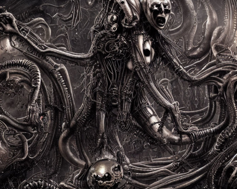 Monochrome biomechanical artwork with humanoid figure and skulls in dark composition