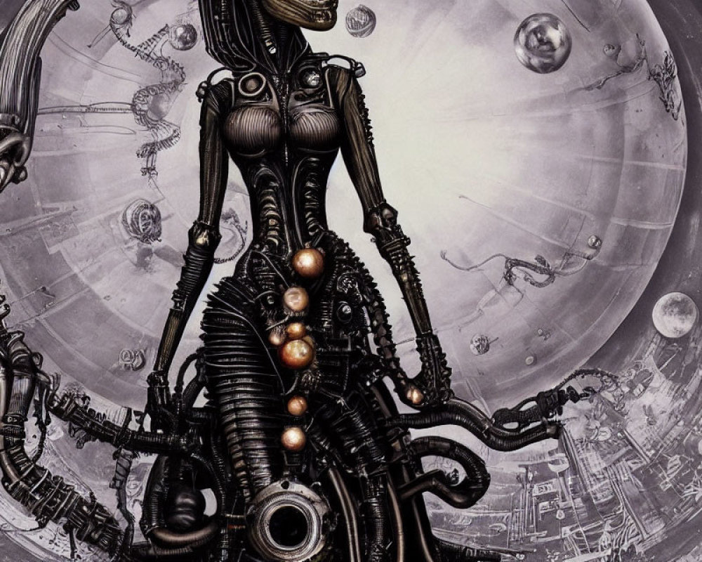 Futuristic robotic figure with intricate mechanical details in celestial backdrop