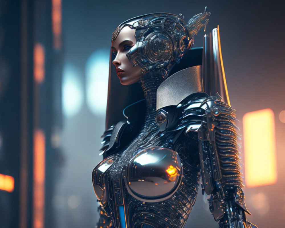 Detailed Female Humanoid Robot in Futuristic Cityscape