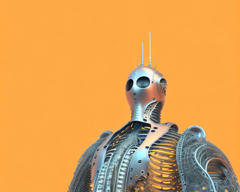 Detailed humanoid robot with silver bodywork on orange background