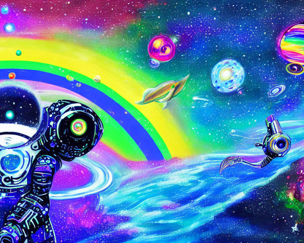 Astronaut in vibrant psychedelic space with colorful planets, rainbow, and nebula