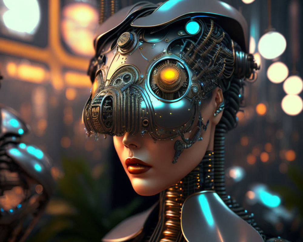 Detailed futuristic female robot with glowing yellow eye in blurred light backdrop