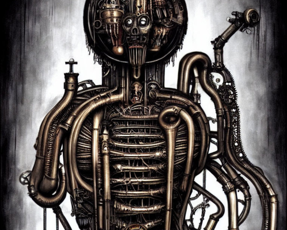 Detailed Steampunk-Style Robotic Figure with Intricate Gears and Pipes