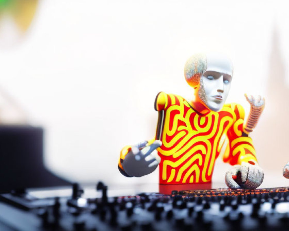 Patterned Outfit Figurine DJing on Miniature Mixer in Warm-Toned Background