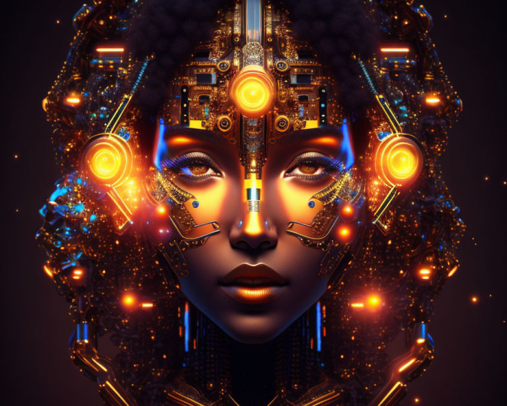 Symmetrical futuristic female face with cybernetic enhancements and ornate headdress on dark background