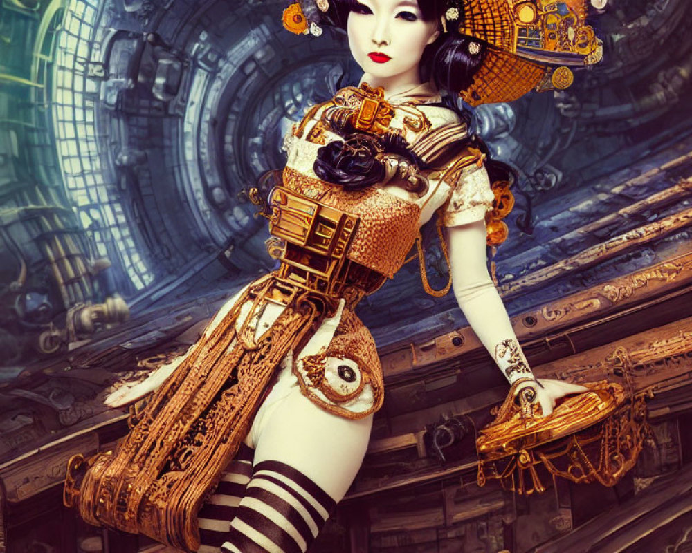 Steampunk-themed image of woman in Victorian costume with mechanical elements.