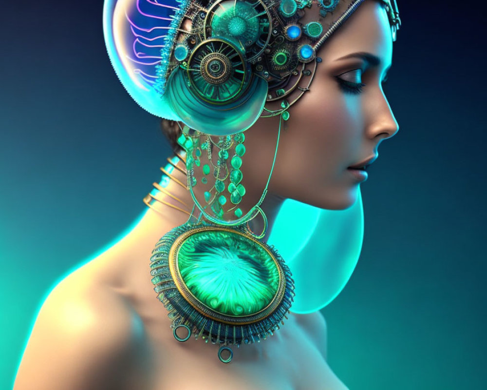 Female digital artwork with mechanized features and gear accessories on blue gradient.