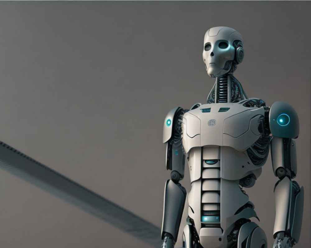 Sleek White and Gray Humanoid Robot Standing Next to Blurry Brown Background