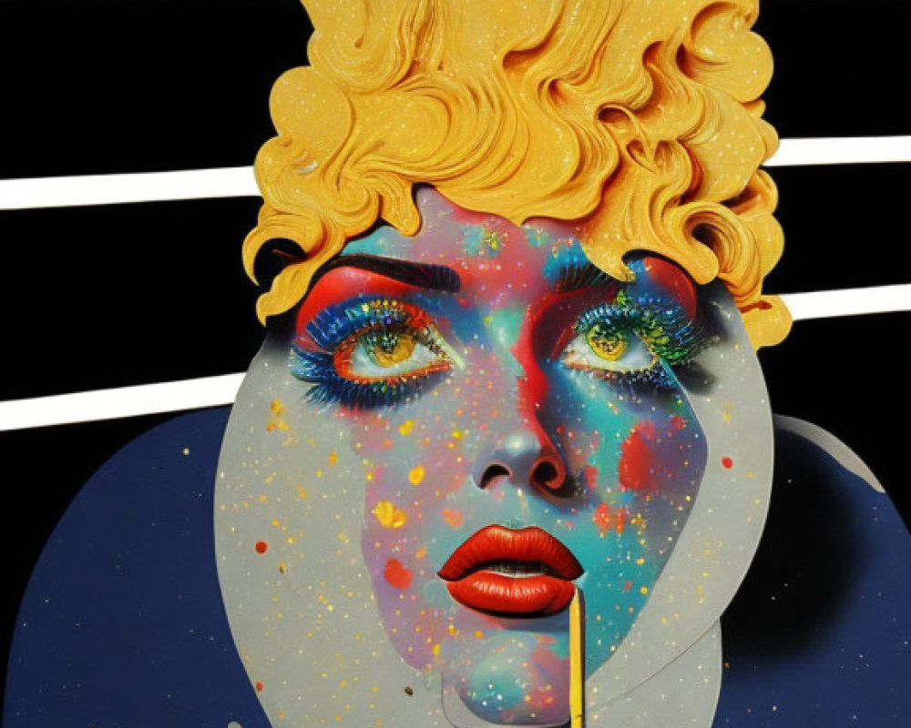 Colorful surrealist portrait of a woman with yellow flowing hair on star-speckled face.