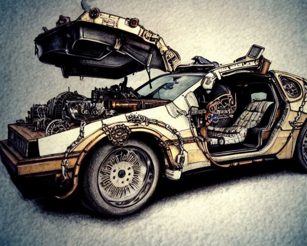 Detailed Futuristic Car Drawing with Steampunk Aesthetic