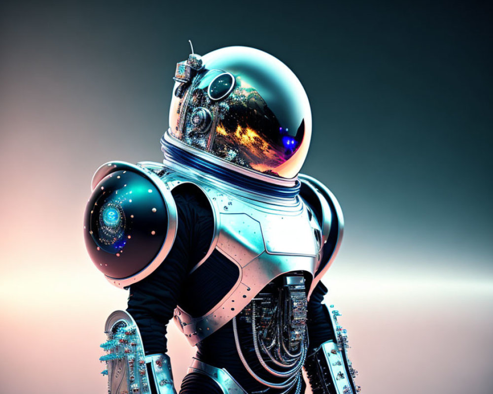 Futuristic robot with reflective helmet and mountain landscape on gradient background