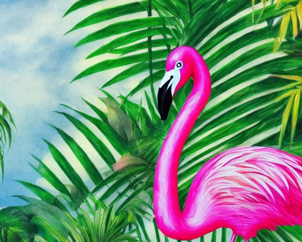 Colorful Pink Flamingo with Tropical Green Foliage