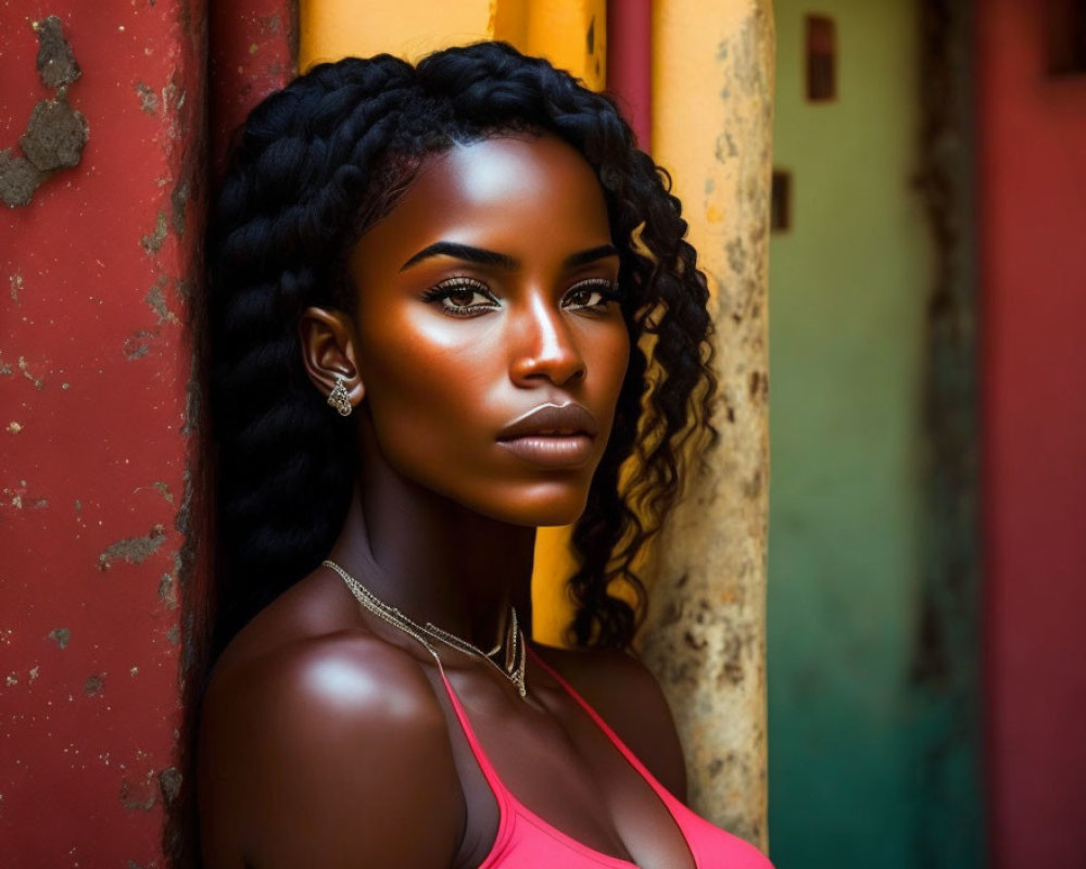 Striking woman with braided hair in pink top poses against colorful walls