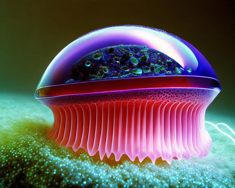 Luminescent jellyfish-like creature with translucent dome on pink frilled base