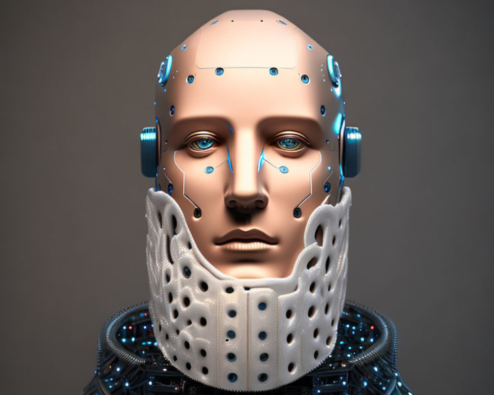 Realistic humanoid robot head with intricate blue circuitry patterns and structured collar on neutral background