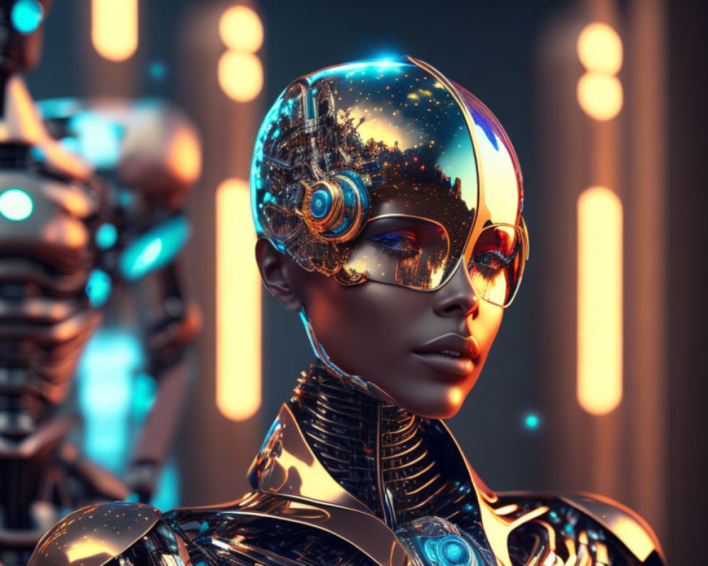 Reflective cityscape head, sunglasses, metallic body: Futuristic female robot in warm light