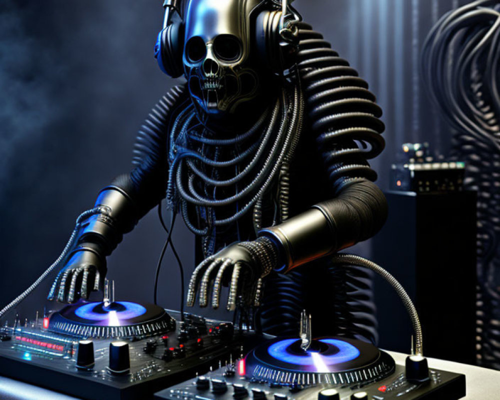 Skeletal robotic DJ mixing tracks with headphones in blue light