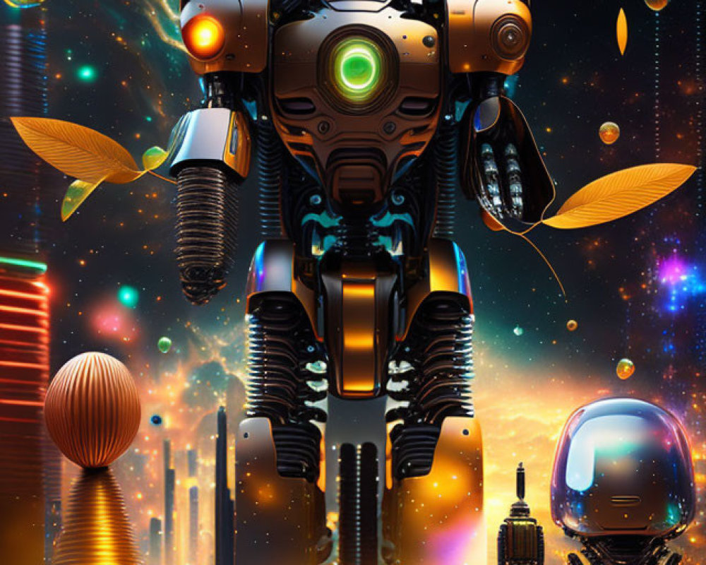 Futuristic robot with glowing green eye in surreal, colorful space scene