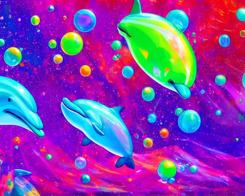 Colorful Stylized Dolphins Leaping in Space-like Scene