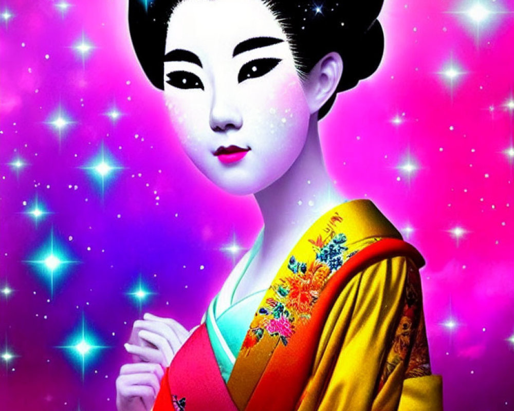 Vibrant Geisha Illustration in Colorful Kimono