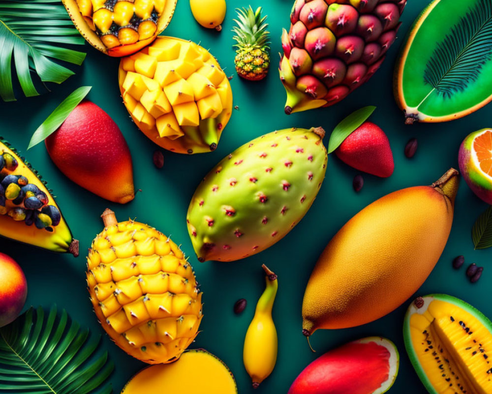 Assorted Tropical Fruits on Green Background