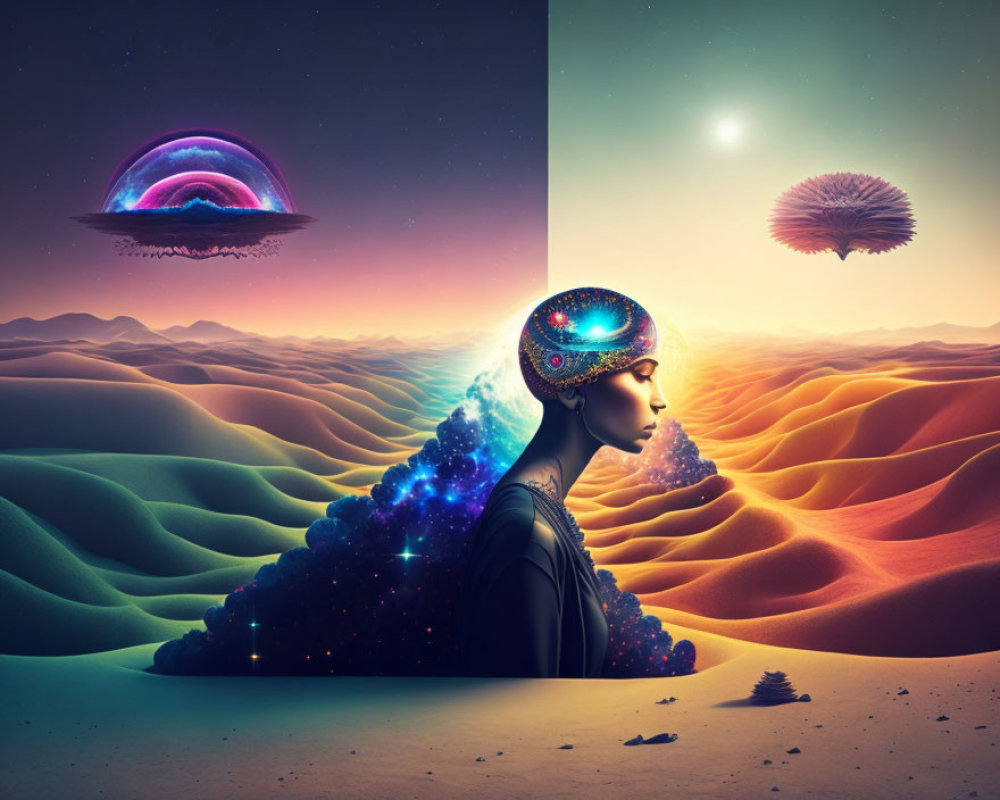 Figure with Galaxy-Filled Head in Surreal Desert Landscape