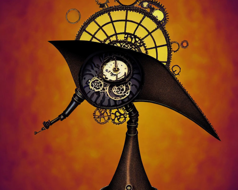 Steampunk-themed gramophone on orange gradient background