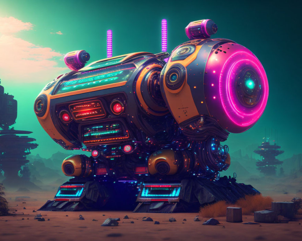 Futuristic robot with neon lights in alien desert landscape