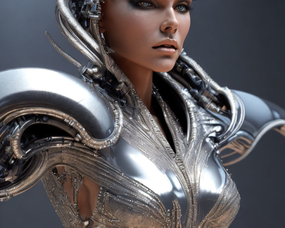 Realistic female humanoid robot with silver cybernetic parts and blue eyes