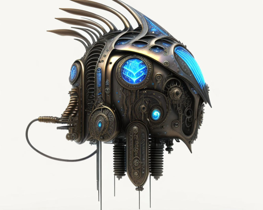 Intricate Metallic Futuristic Helmet with Blue Lights and Blades