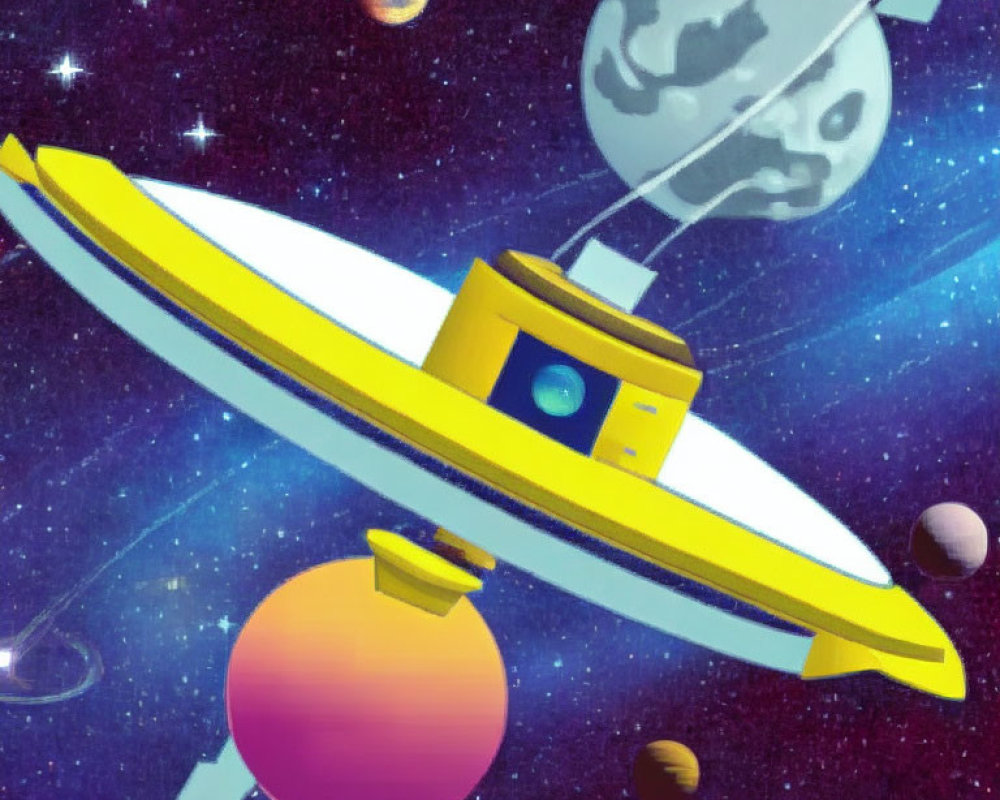 Colorful planets and stars in animated flying saucer scene