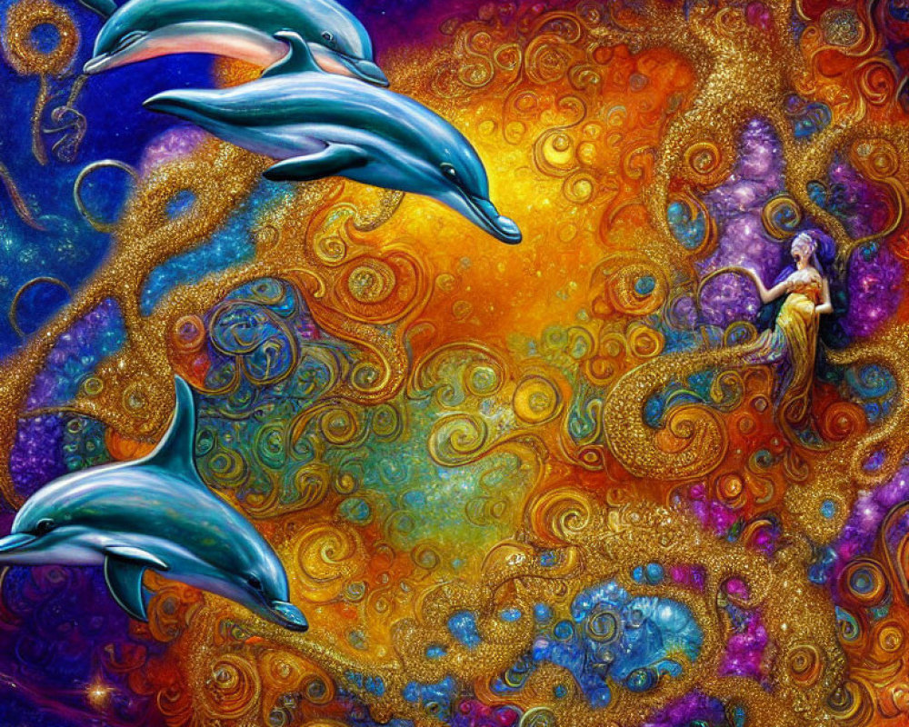 Colorful Psychedelic Artwork with Dolphins and Woman in Cosmic Setting