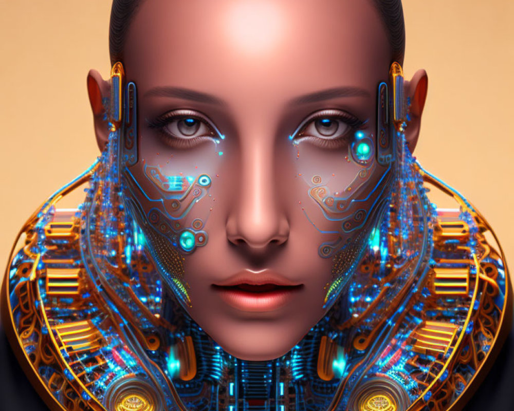 Digital artwork: Woman with cybernetic enhancements and circuitry patterns on head and shoulders.