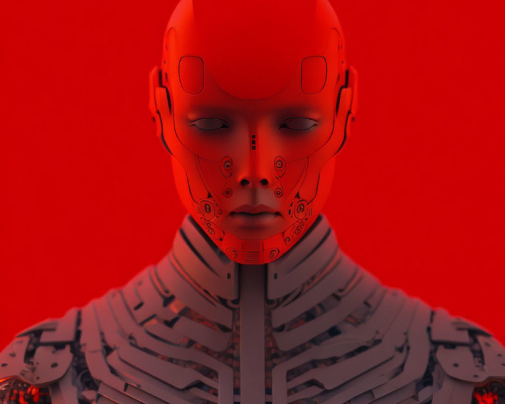 Detailed 3D rendering of humanoid robot with red face and mechanical segments on red background