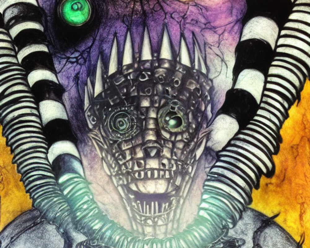 Surreal illustration: mechanical being with toothed maw, striped tendrils, colorful orbs