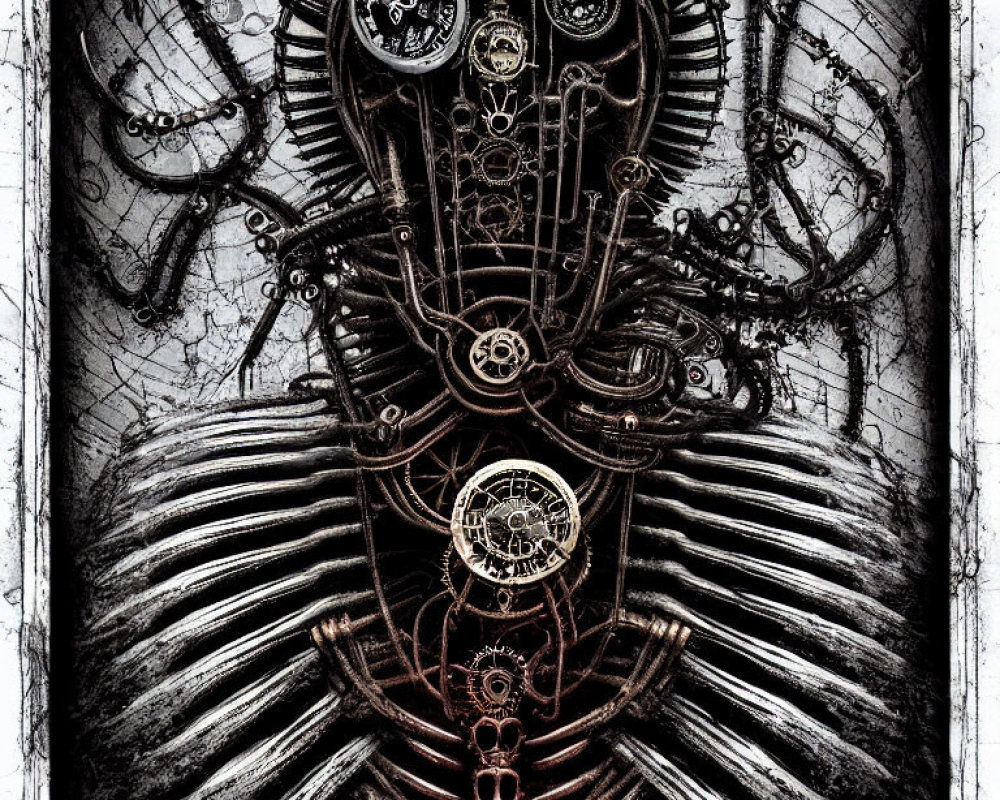 Monochrome steampunk-style illustration of a mechanical humanoid.