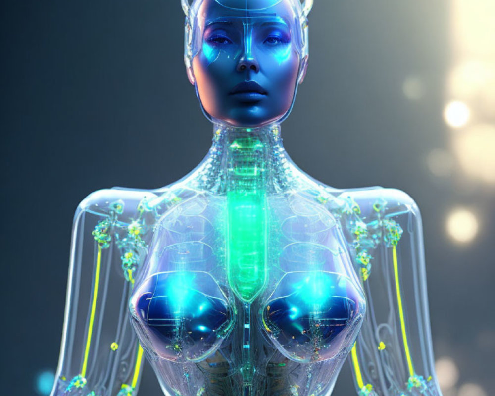 Transparent humanoid robot with blue face and glowing green neural networks