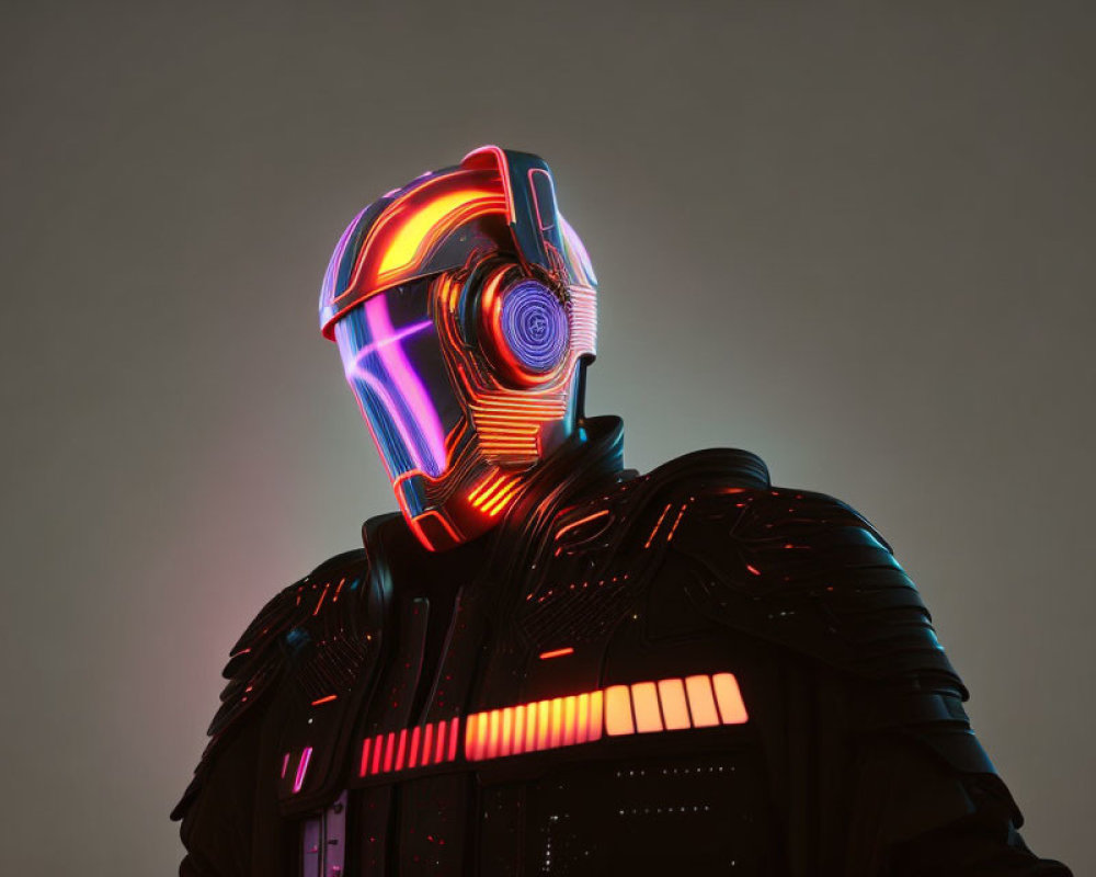 Futuristic helmet with neon lights and illuminated armor on gray background