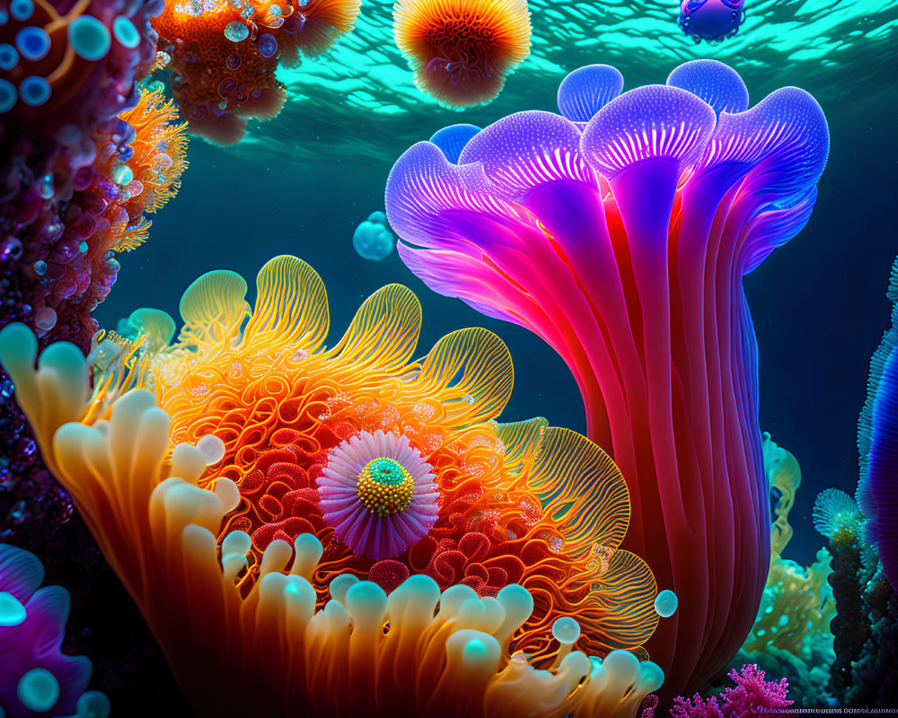 Colorful Bioluminescent Coral and Sea Anemones in Underwater Scene