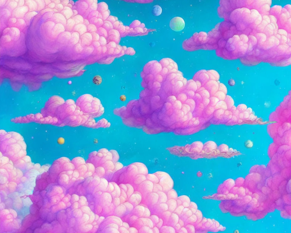 Colorful artwork: pink clouds, blue sky, multicolored spheres.