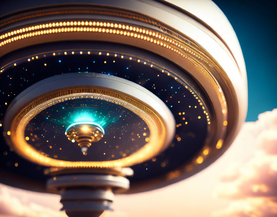 Futuristic ornate flying saucer under golden lights in dramatic sky