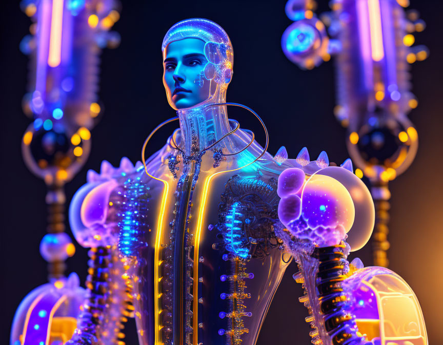 Transparent humanoid robot with intricate internal mechanisms on industrial background