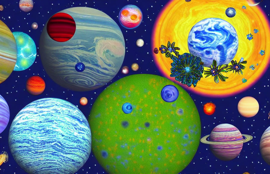 Colorful digital artwork: Whimsical cosmic scene with stylized planets