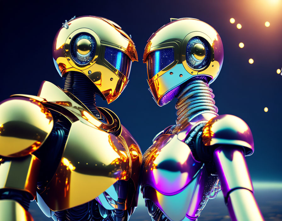 Golden and Silver Humanoid Robots Gazing in Blue Background