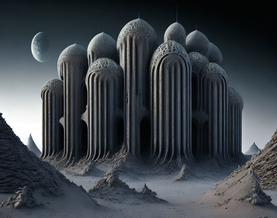 Alien Moonlit Landscape with Surreal Towers and Celestial Body