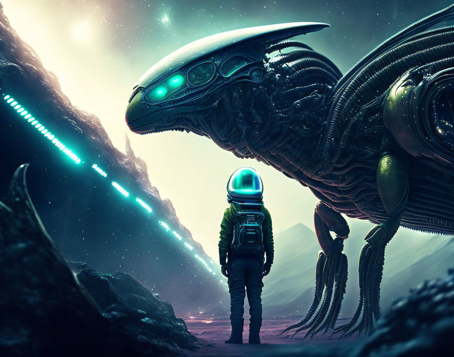 Astronaut facing mechanical alien on rocky extraterrestrial landscape