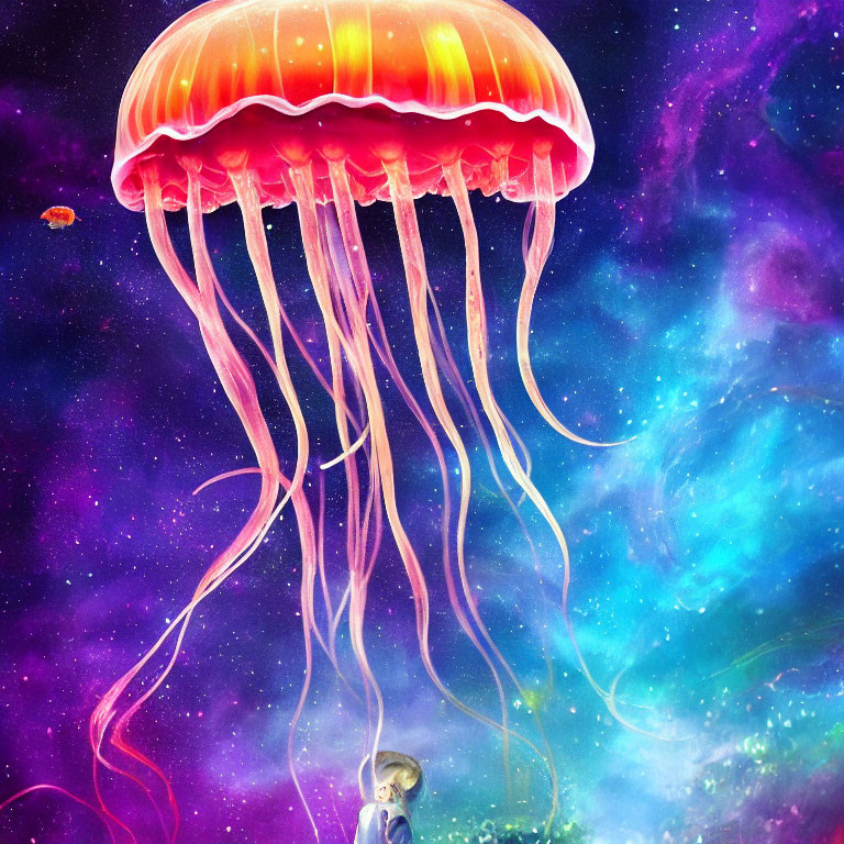 Colorful Jellyfish Illustration with Cosmic Background