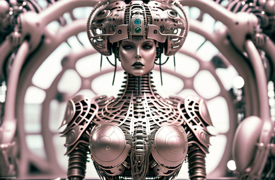 Detailed Futuristic Robotic Figure with Intricate Headpiece and Body Armor on Complex Mechanical Background